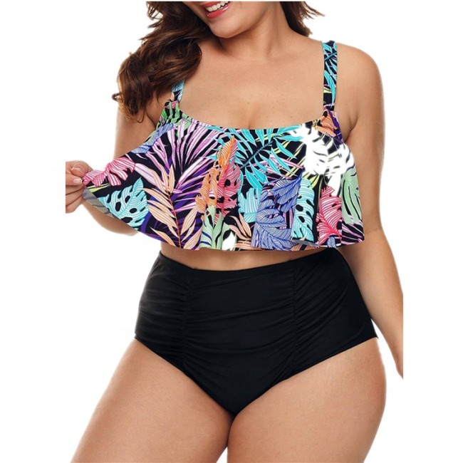 Large Size Palm Leaves Printed Swimsuits Ruffles Bikini for Women