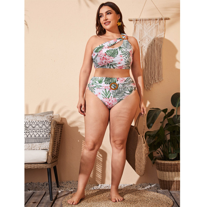 Big Women Beachwear Print Plus Size One Shoulder Bikini Cut Out Ring