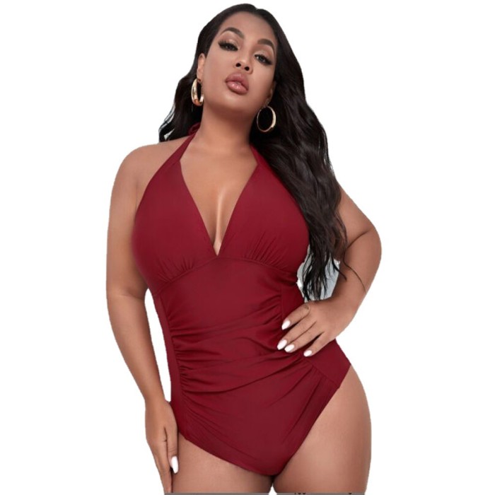 Plus Size Red One Piece Swimsuit Tummy Control Halter Neck Wholesale