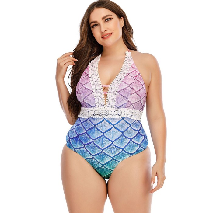 Mermaid Scale Print Gradient One-Piece Swimsuit Lace Halter Backless