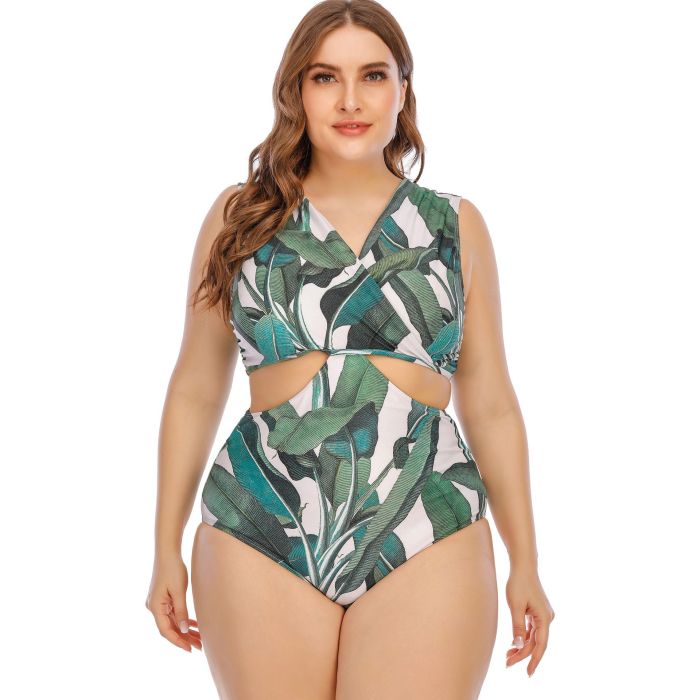 Green Print Hollow Out Large Size One Piece Bathing Suit Belly Control