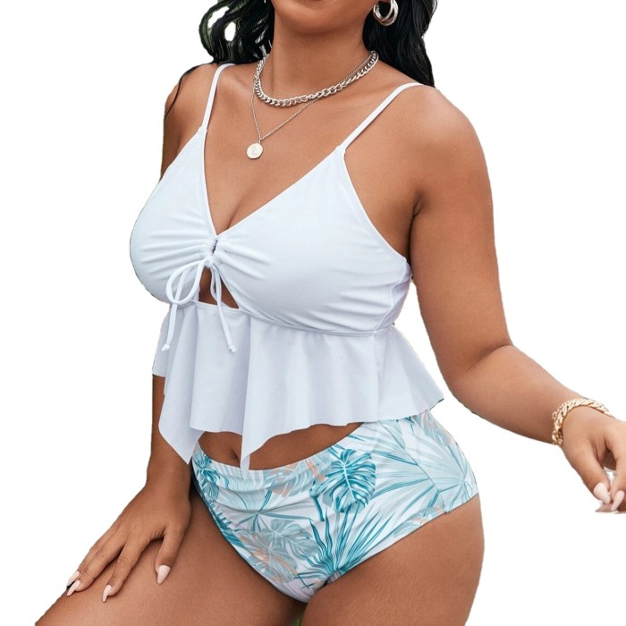 White Plus Size Flounces Swimsuit Top and Print Bikini Bottom Women