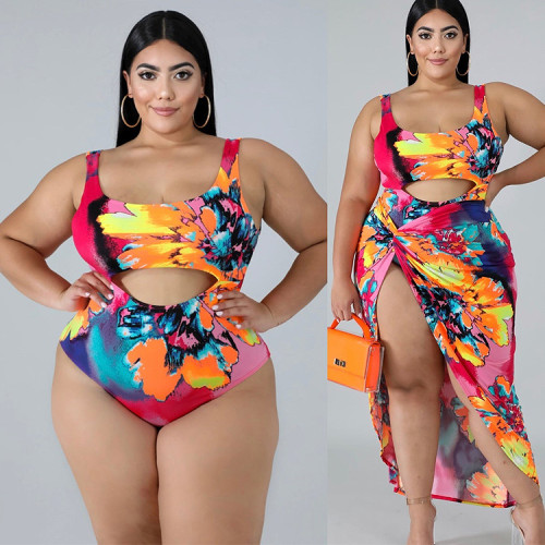 Printed Women Hollow Out One-Piece Swimsuit Plus Size with Cover Up