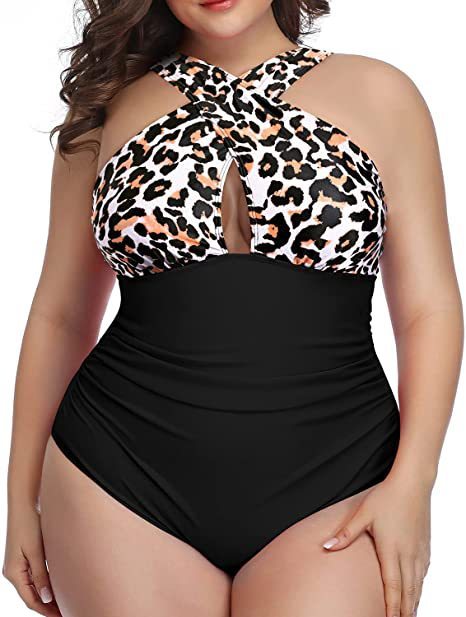 Recycled Nylon Leopard Black One-Piece Swimsuit Keyhole Plus Size