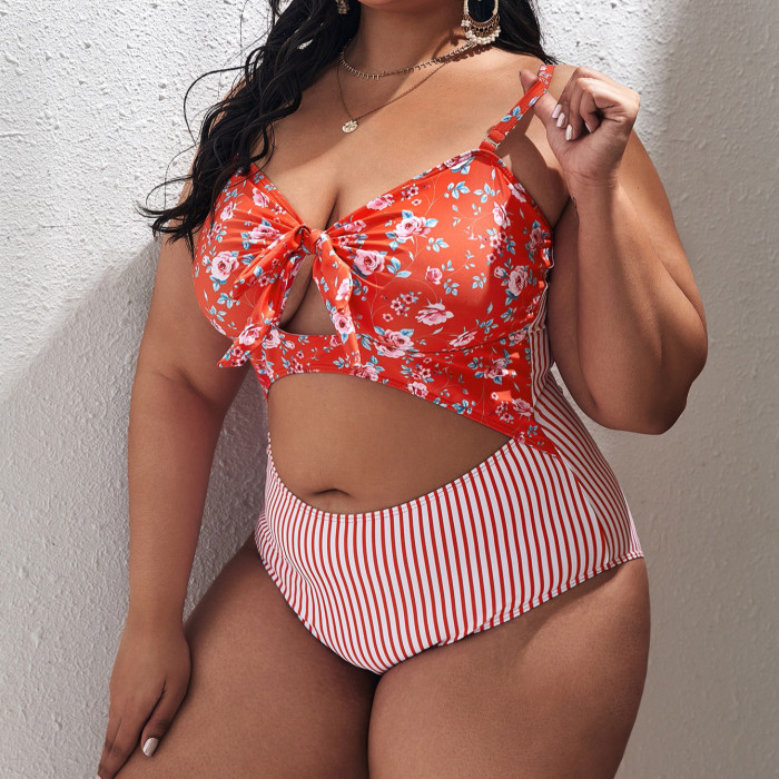 Best Summer Striped Beachwear One Piece for Fat Women Floral Plus