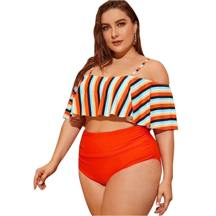 Large Striped Flounces Bikini Top High Waist Bating Suit Recycled Nylon