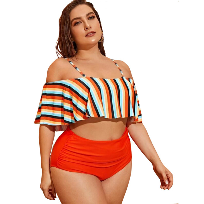 Large Striped Flounces Bikini Top High Waist Bating Suit Recycled Nylon