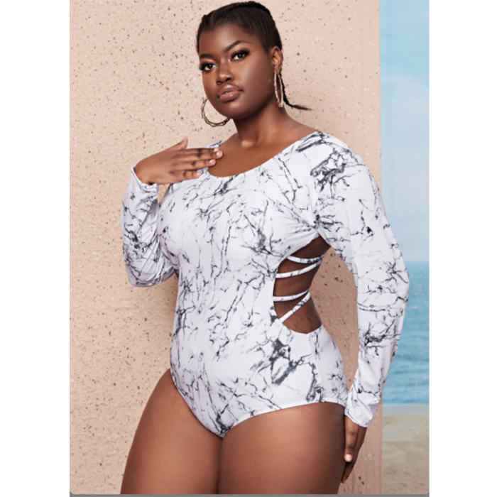 Ladies Long Sleeve Bathing Suit One Piece Back Cross Strappy Plus Size