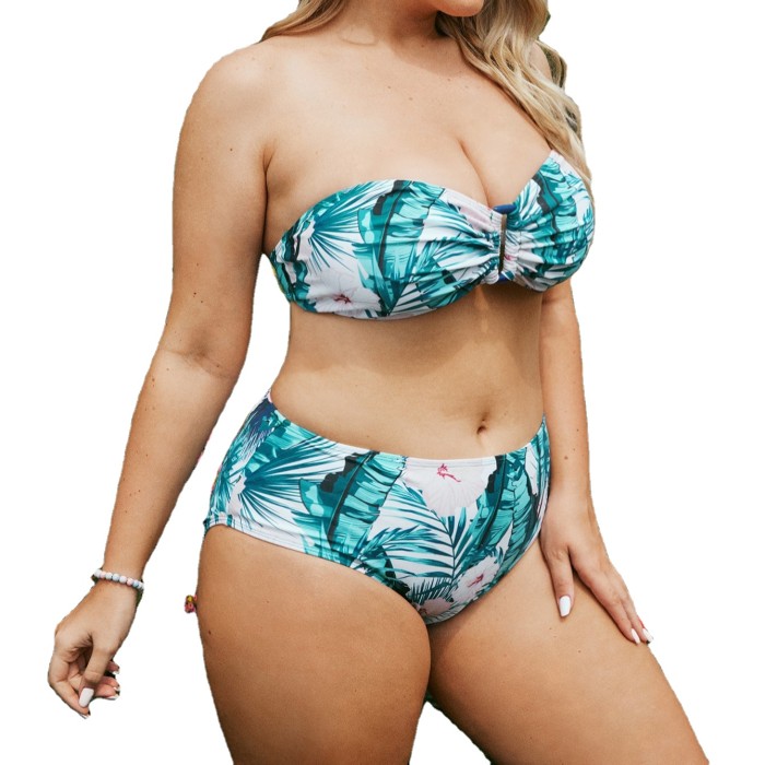Plus 3PCS Floral Leaf Pattern Swimsuit Beach Skirt Fat Women Beachwear