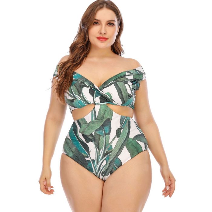 Green Print Hollow Out Large Size One Piece Bathing Suit Belly Control