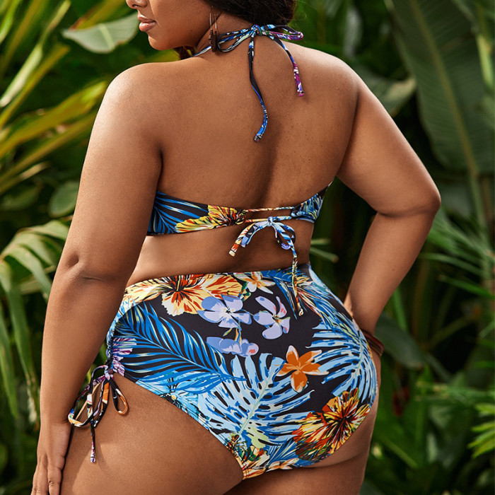 Summer New Plus Size Two Piece Swimsuit Print Halter Bow Drawstring