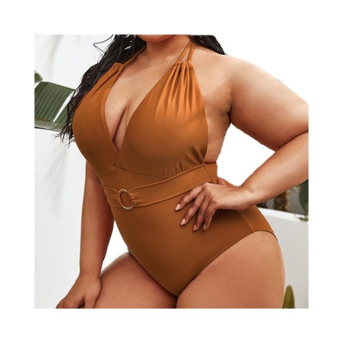 Best Price Large size One-Piece Brown Swimwear Halter Neck Deep V Ladies