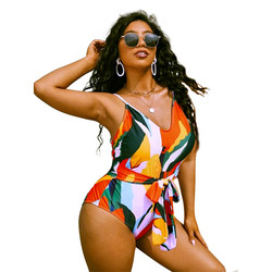 Wholesale Plus Size Ladies One Piece Swimsuit Colorful Sashes High Cut Leg