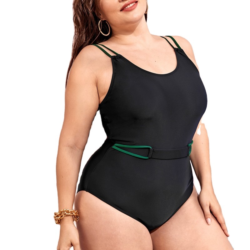 Ladies Double Shoulder Straps One Piece Bathing Suit Plus Size Belt Decor