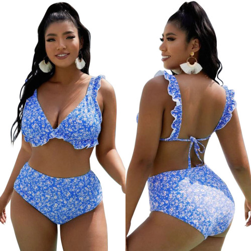 Wholesale Blue Floral Print Bikini Ruffle Straps Oversize for Big Women