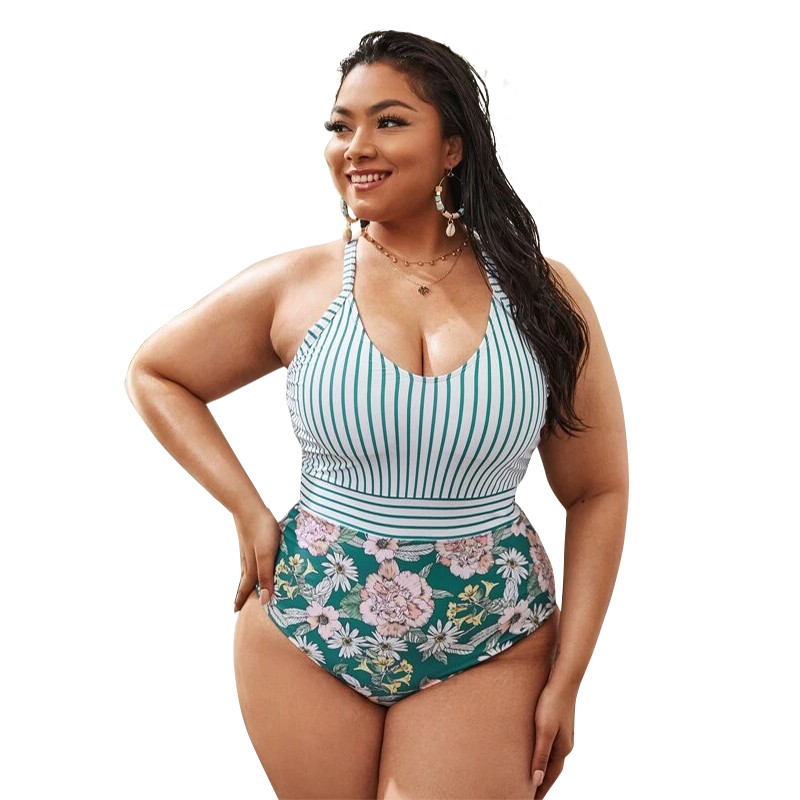 Big Women Striped Flowers Printed Swimsuits One Piece Queen Size