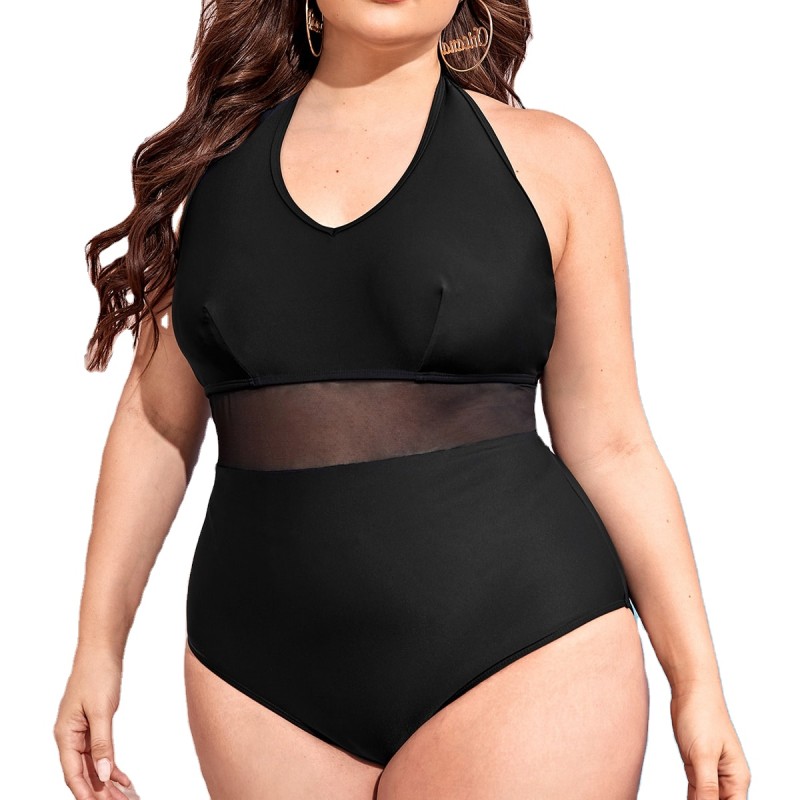 Wholesale Black Solid Mesh Splicing Large Women's Swimsuit One Piece