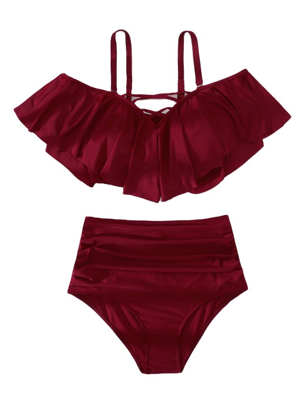 Summer Girls Plus Size Red  High Waisted Bikini Ruffle Adjust Straps