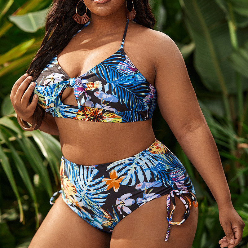 Summer New Plus Size Two Piece Swimsuit Print Halter Bow Drawstring