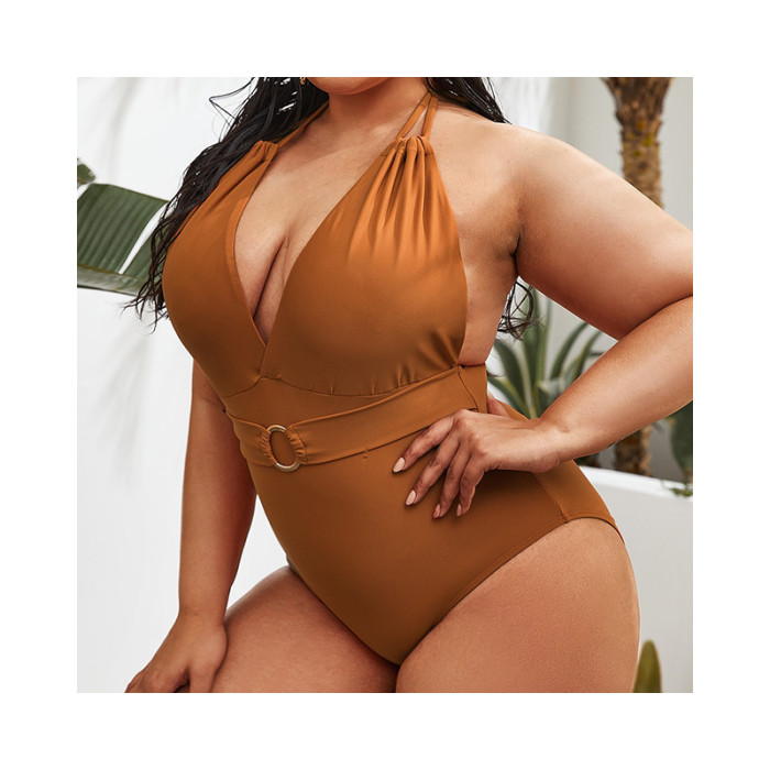 Best Price Large size One-Piece Brown Swimwear Halter Neck Deep V Ladies