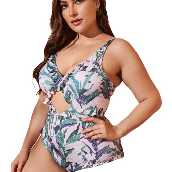 New Oversized Women One-Piece Ruffle Swimsuit Cut Out Printed Best Price
