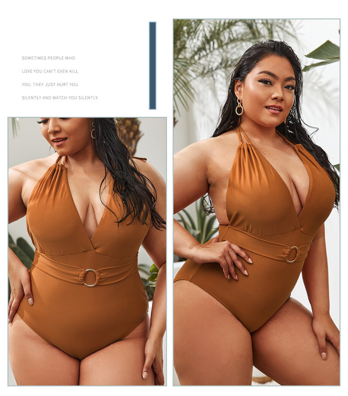 Best Price Large size One-Piece Brown Swimwear Halter Neck Deep V Ladies