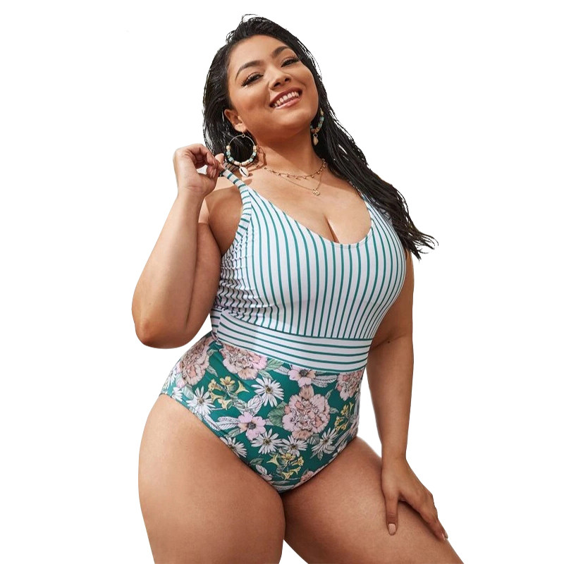 Big Women Striped Flowers Printed Swimsuits One Piece Queen Size