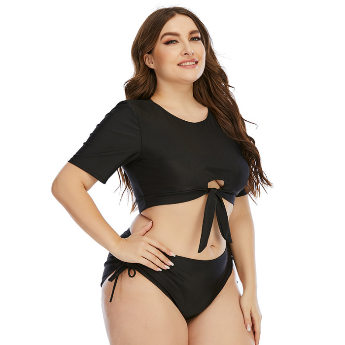 Plus Crop Tops Beachwear Short Sleeve and Drawstring Bikini Bottom