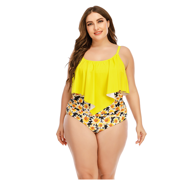 Large Yellow Ruffle Swim Top Sunflowers High Waisted Bikini Bottoms
