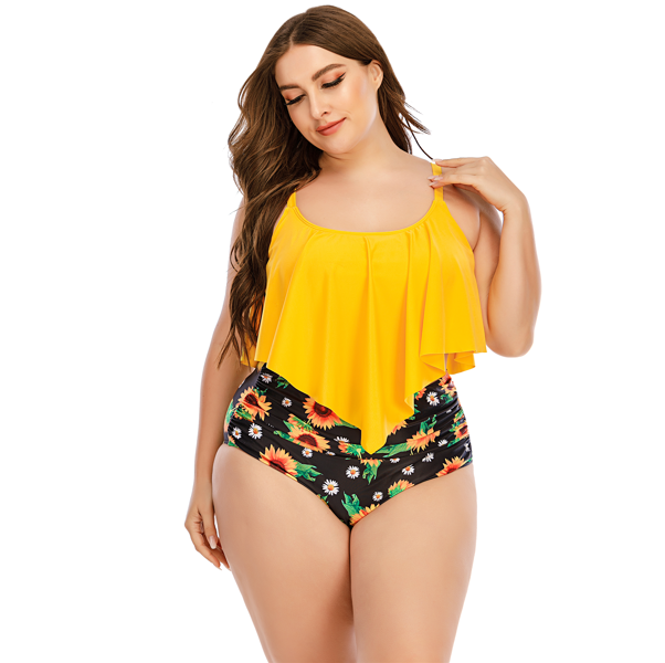 Large Yellow Ruffle Swim Top Sunflowers High Waisted Bikini Bottoms