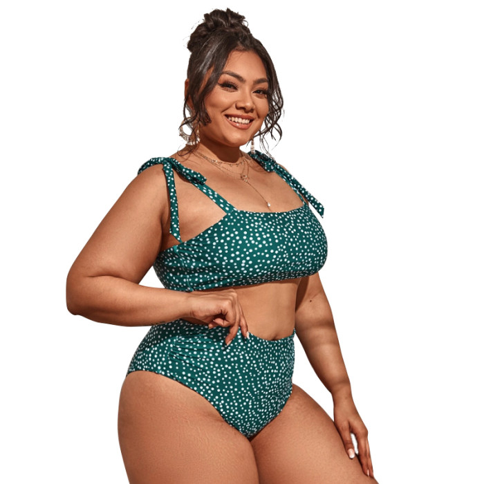 Vintage Plus Size Women Dot Green Bikini Lace Up Straps High Waist