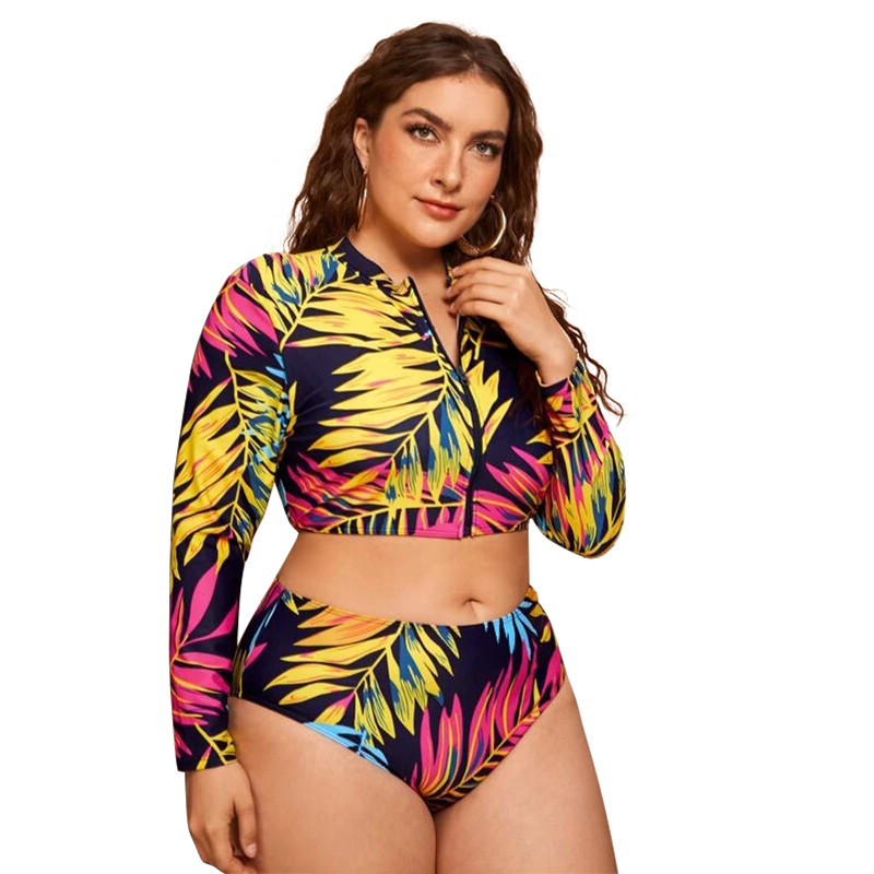 Plus Size Surfing Suit Long Sleeve Swim Top Tropical Print Zip Swimwear