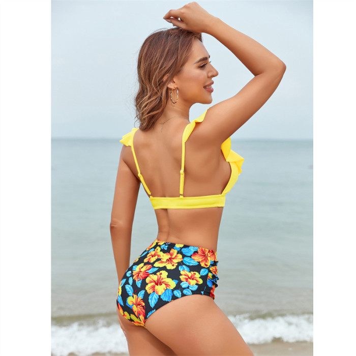 Wholesale Women High Waisted Swimsuit Ruffled Straps Tops and Floral Bottom