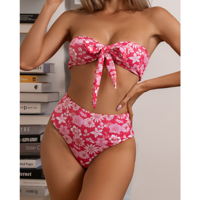 New Women's Strapless High Waist Swimsuits Two Piece Bow Knot Floral Print