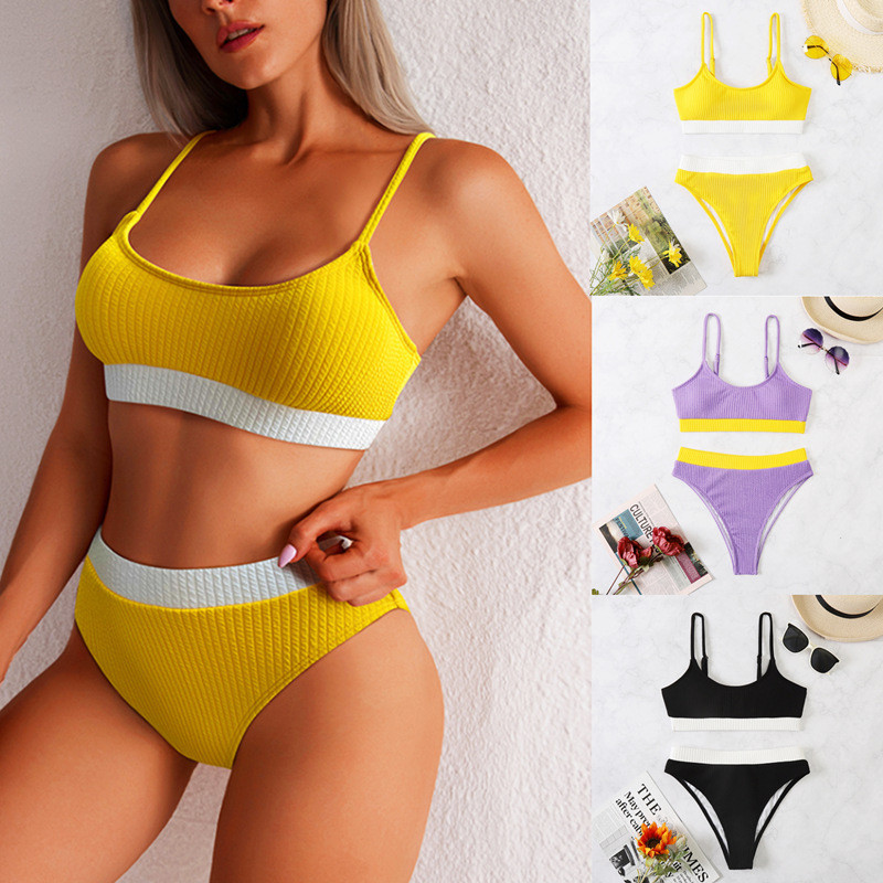 Best Two Piece Colorblock Swimsuit Adjust Straps High Rise Bikini Bottom Manufacturer