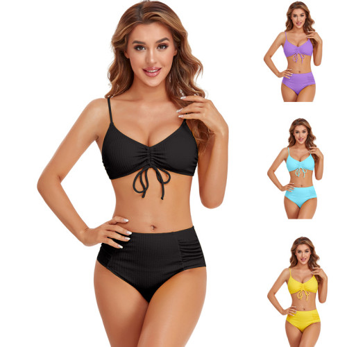 Factory Price Drawstring Swimsuit Rib Ruched Bikini Mid Waist Solid Color Vendors