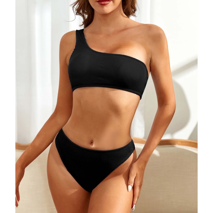 Women Ribbed One Shoulder Swimsuit Top and High Leg Bikini Bottoms Set