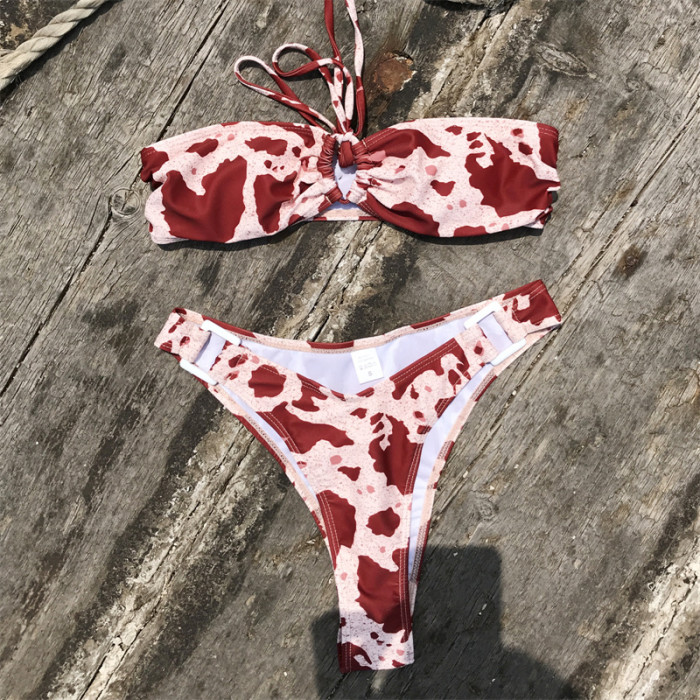 Wholesale Print Bandeau Bikini Tops and Triangle Swimwear Bottom Set Girls