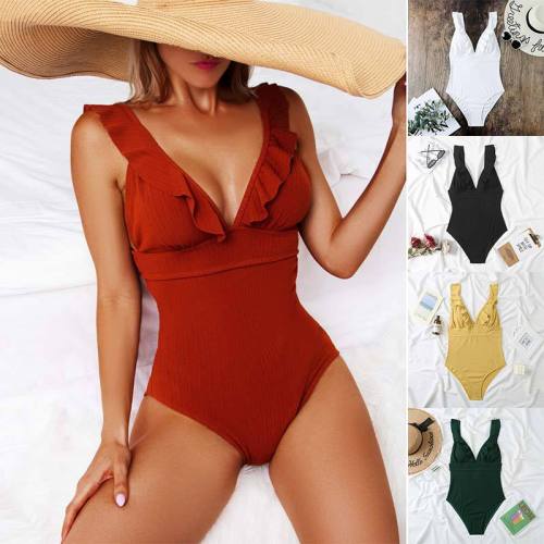 Wholesale One Piece Ruffle Swimsuit Solid Color Deep V Neck Backless Lace-Up