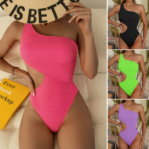 Wholesale Single Shoulder One Piece Swimsuit Waist Cut Out Beachwear Solid Color