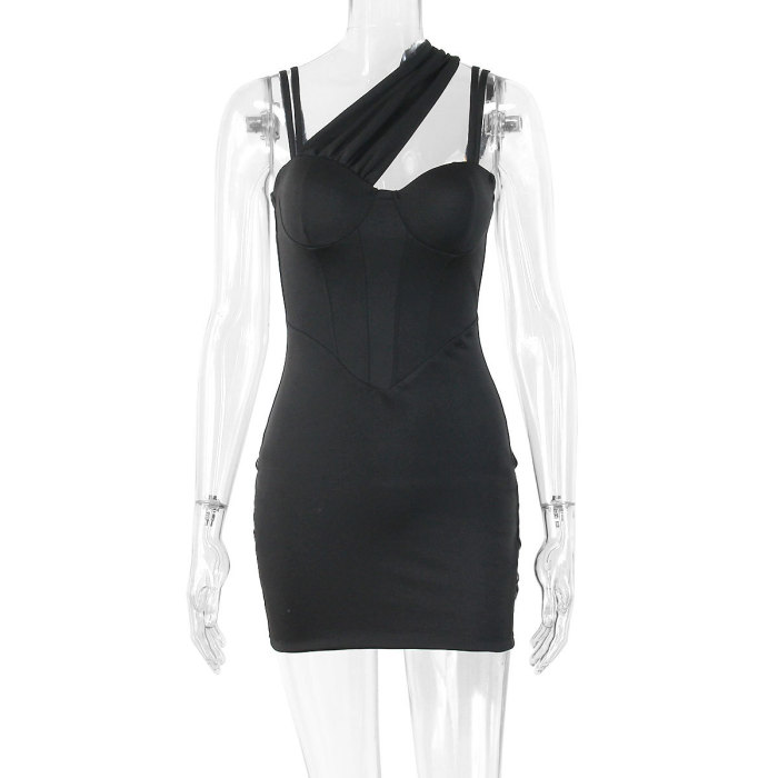 Smooth Black Summer Slim Party Mini Dress Slash Band Bulk Wholesale