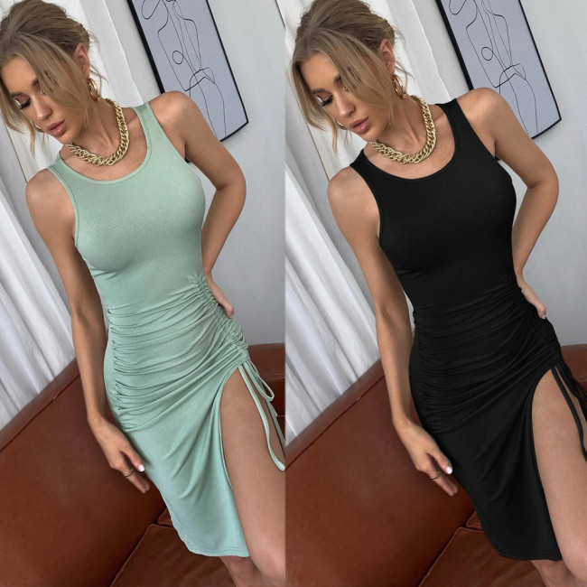 Women Slim Fit Ruched Knit Nightclub Dress Slit Side High Leg Lace-Up