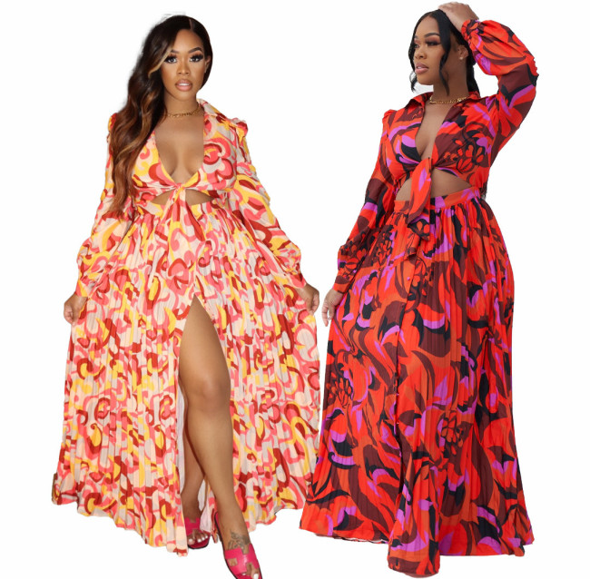 Women Floral Floor Length Two Piece Dress Suit Long Sleeve Crop Tops Leg Slit