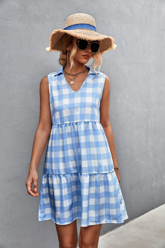 Classic Plaid Print Sleeveless Dress V-Neck Women Summer Casual Manufacturer