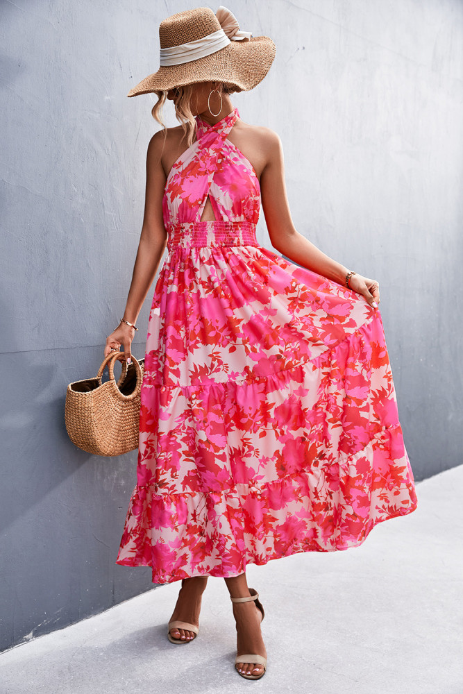 Wholesale Sexy Summer Backless Floral Dress Long Halter Neck for Women