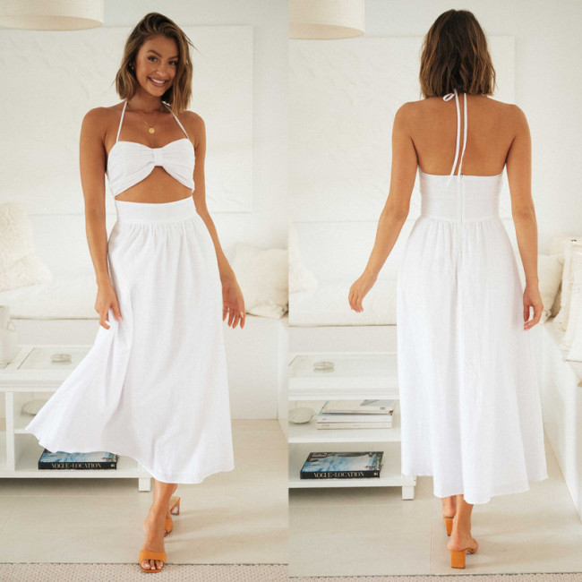 Hot Style Summer Women's Halter Neck Long Dress White Bow Slim Waist