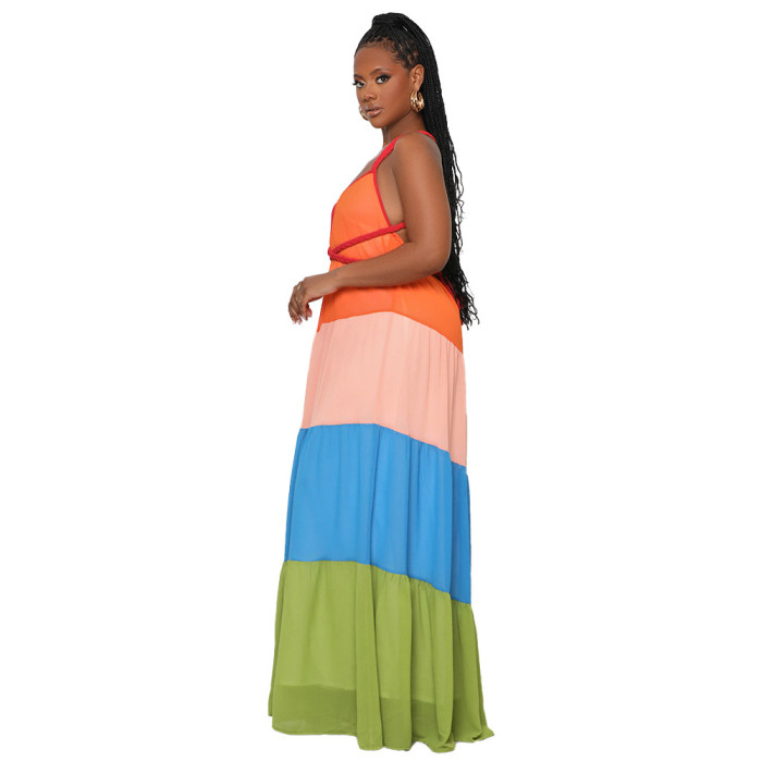 Summer Contrasting Color Maxi Dress Suspenders Straps Lace Up Backless