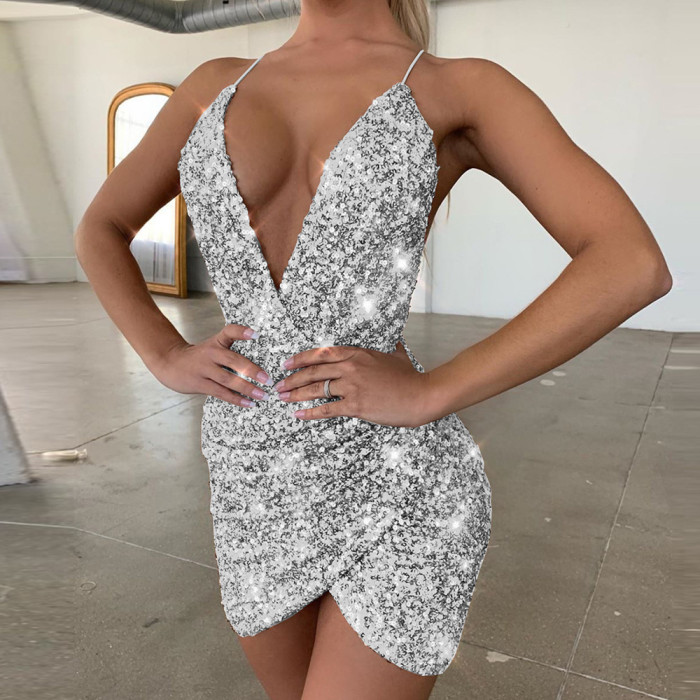 Best Women Summer Sequin Bodycon Dress Backless Deep V Suspenders for Club