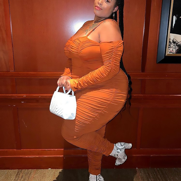 Factory Price Plus Size Long Jumpsuit Women Ruched Long Sleeve Cami Straps