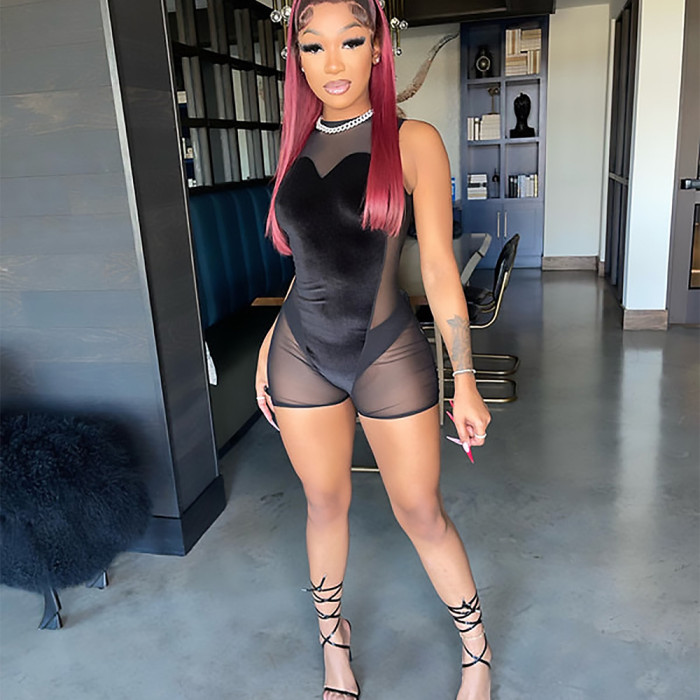 Summer Sexy Women Mesh Romper One Piece Sleeveless Solid Color Manufacturers